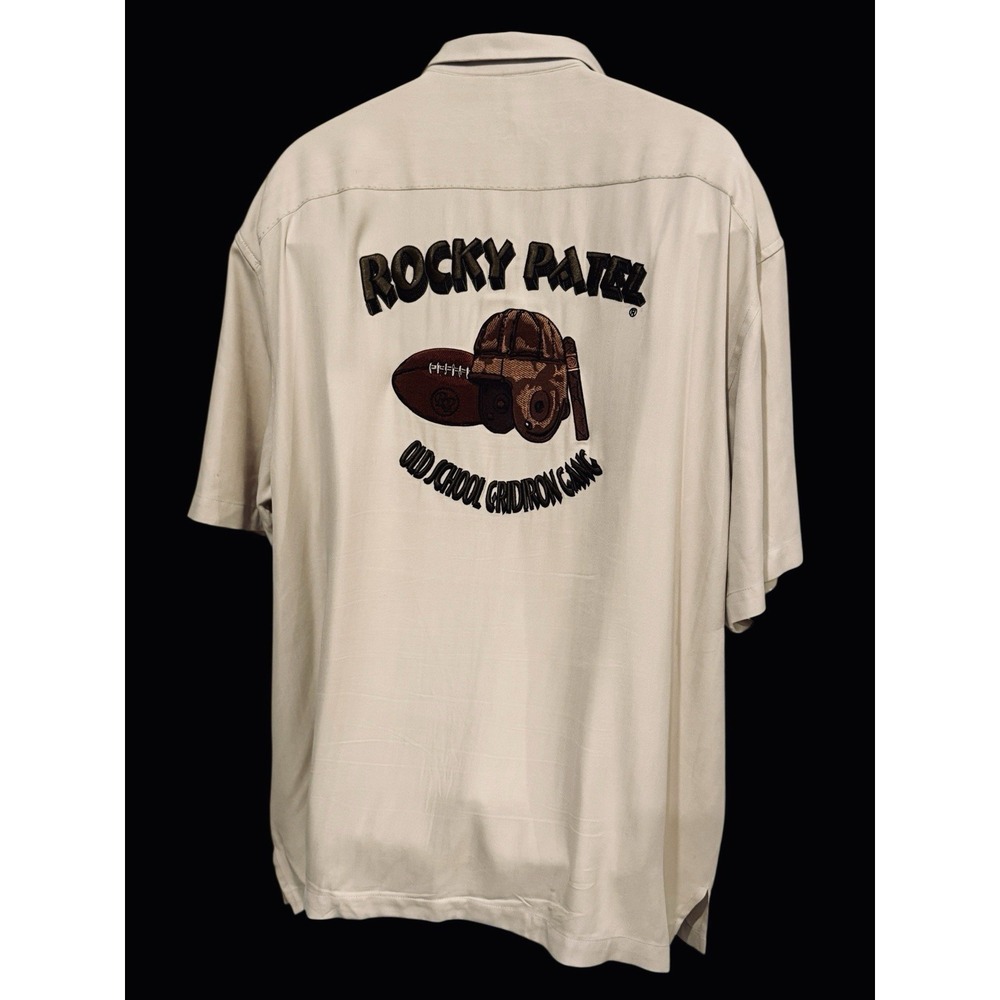 Rocky Patel Men Shirt XXL Silk Embroidered Beige Football Cigar Camp